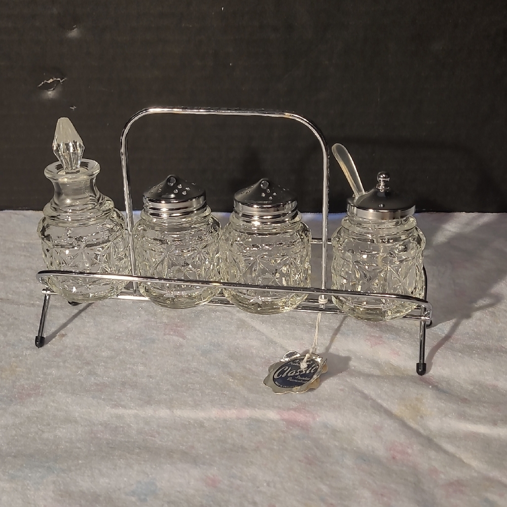 Vintage, 4-Piece Glass Condiment Set In a Metal Holder